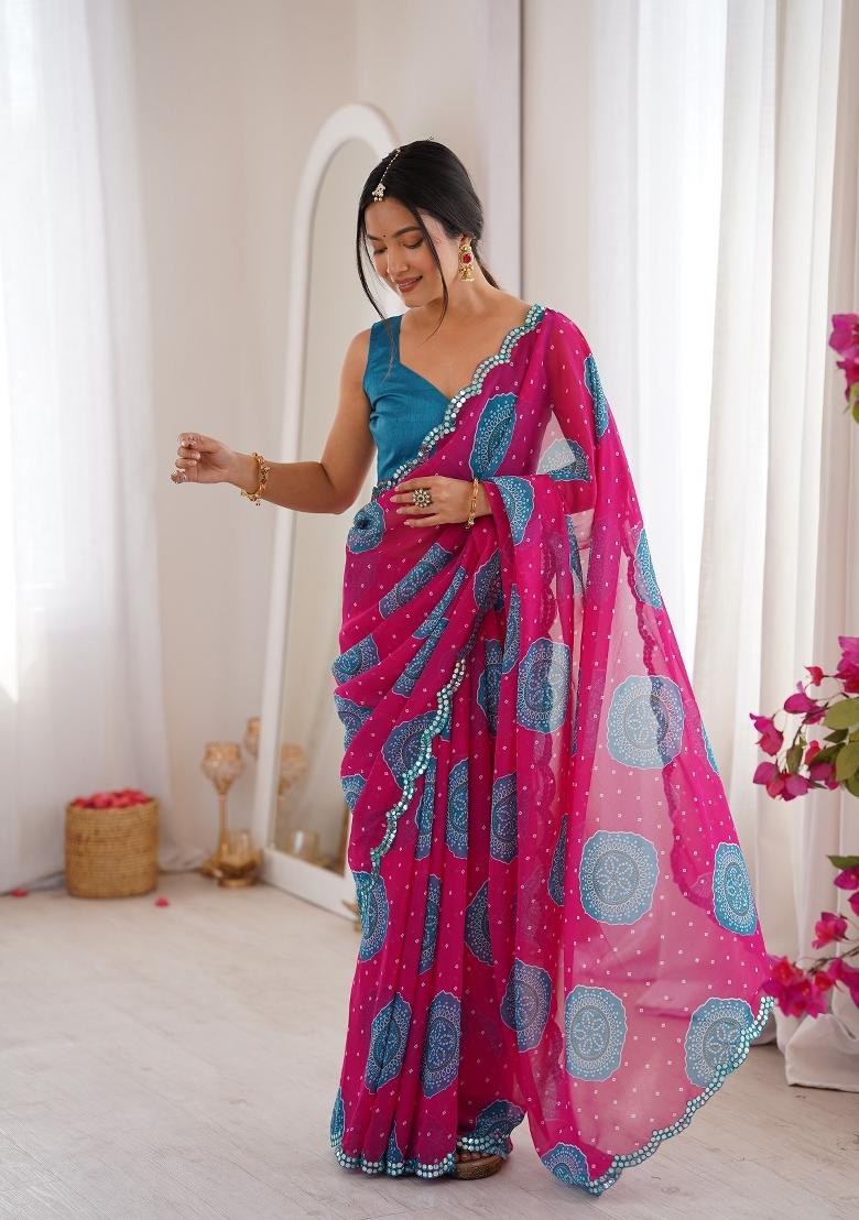 Pink Printed Georgette Saree Set - Indya