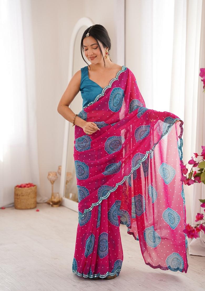 Pink Printed Georgette Saree Set - Indya