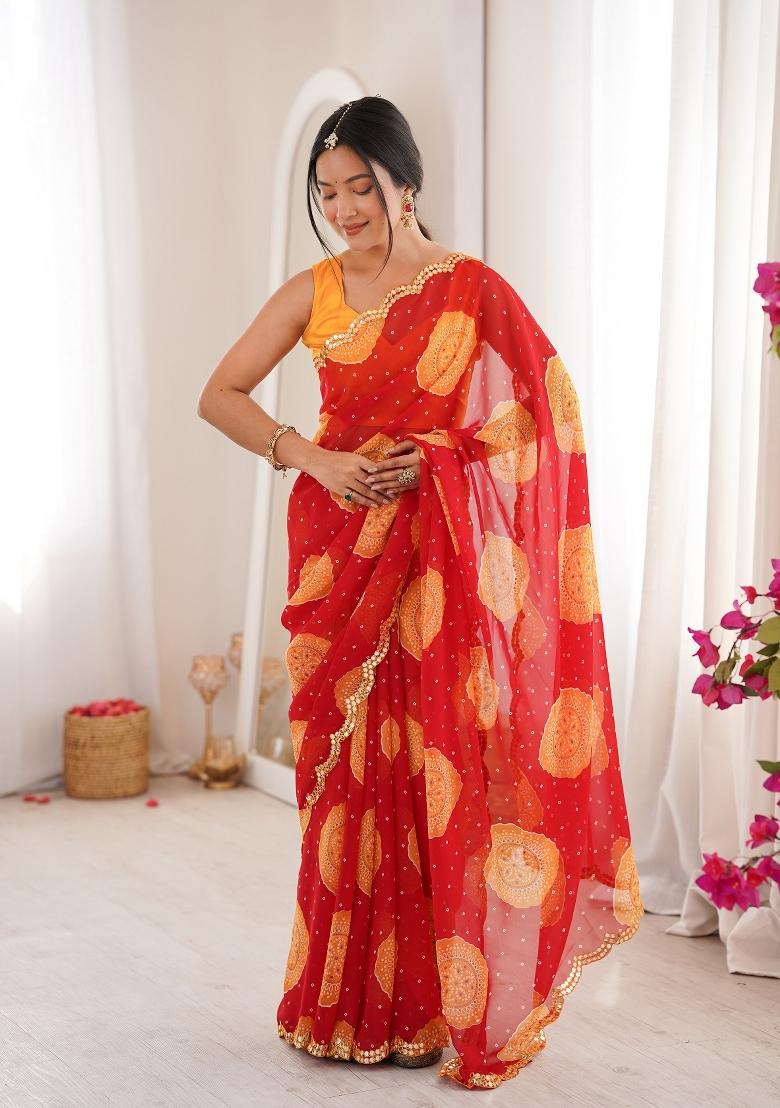 Red Printed Georgette Saree Set - Indya