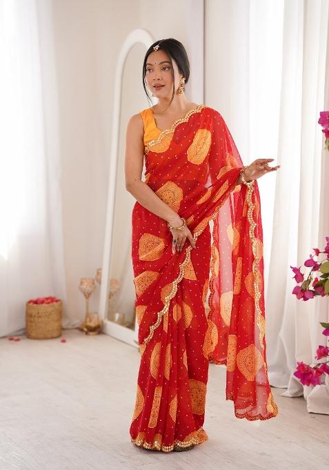 Red Printed Georgette Saree Set