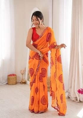 Yellow Printed Georgette Saree Set