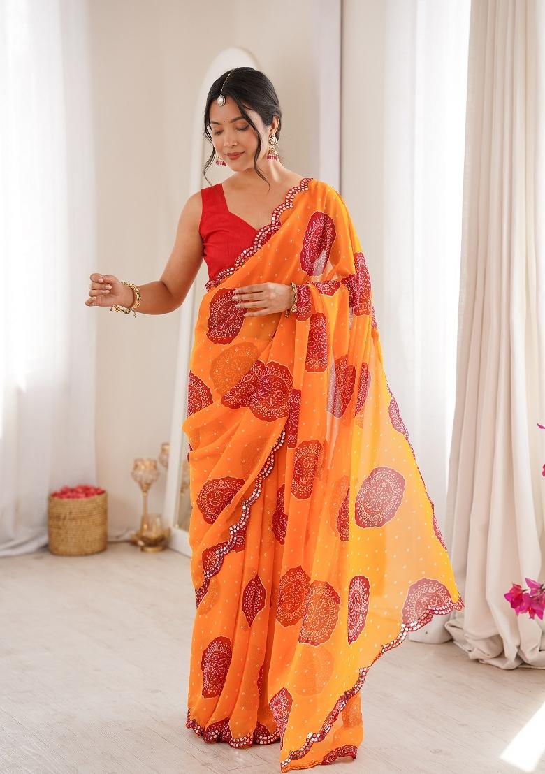 Yellow Printed Georgette Saree Set - Indya