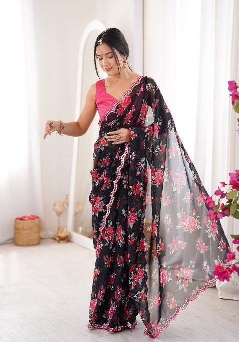 Black Floral Print Georgette Saree Set