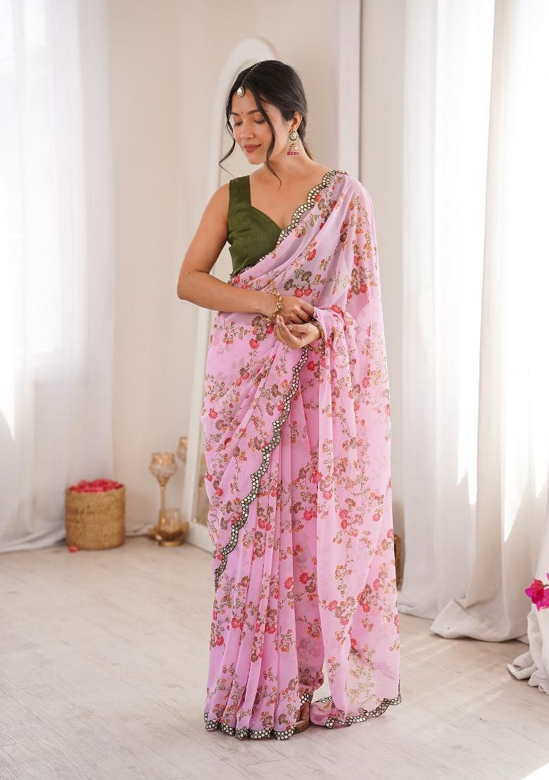 Pink Floral Print Georgette Saree Set - Indya