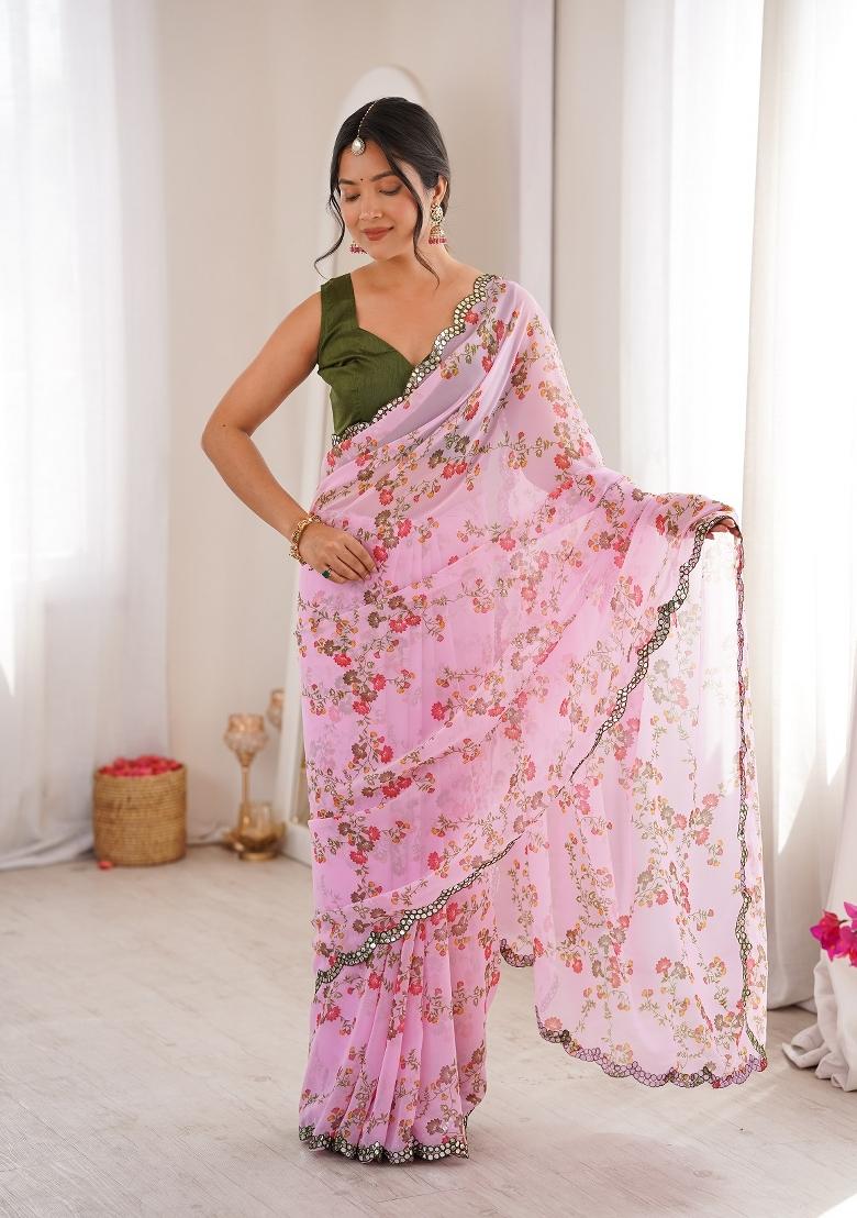 Pink Floral Print Georgette Saree Set - Indya