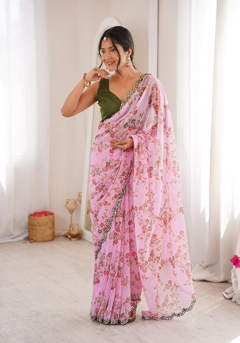 Pink Floral Print Georgette Saree Set