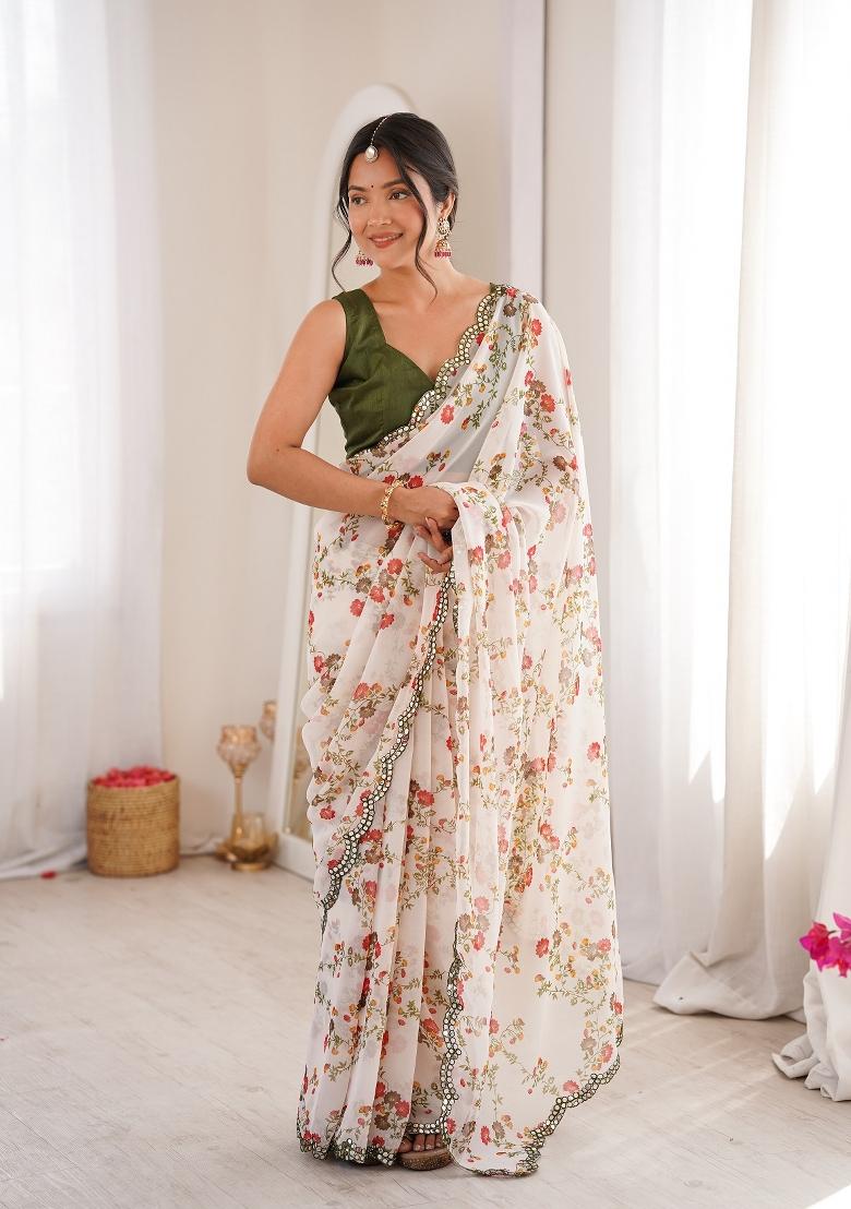 White Floral Print Georgette Saree Set - Indya