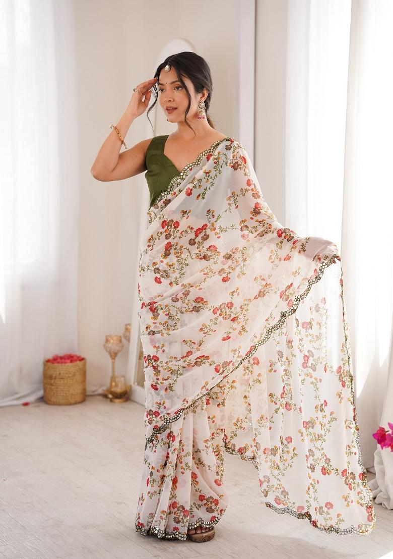White Floral Print Georgette Saree Set - Indya