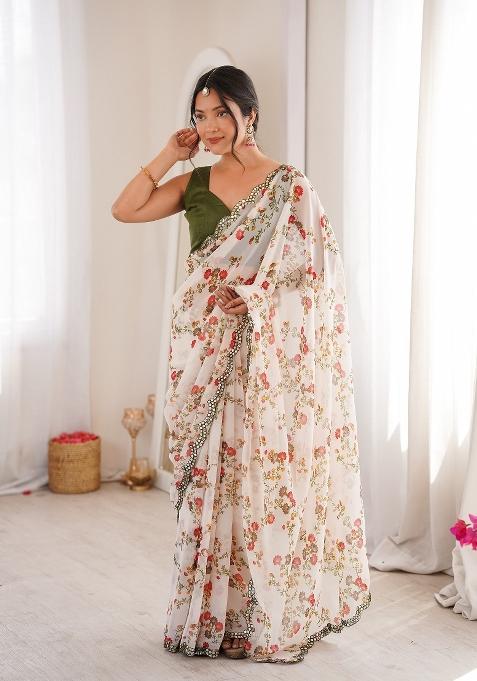 White Floral Print Georgette Saree Set