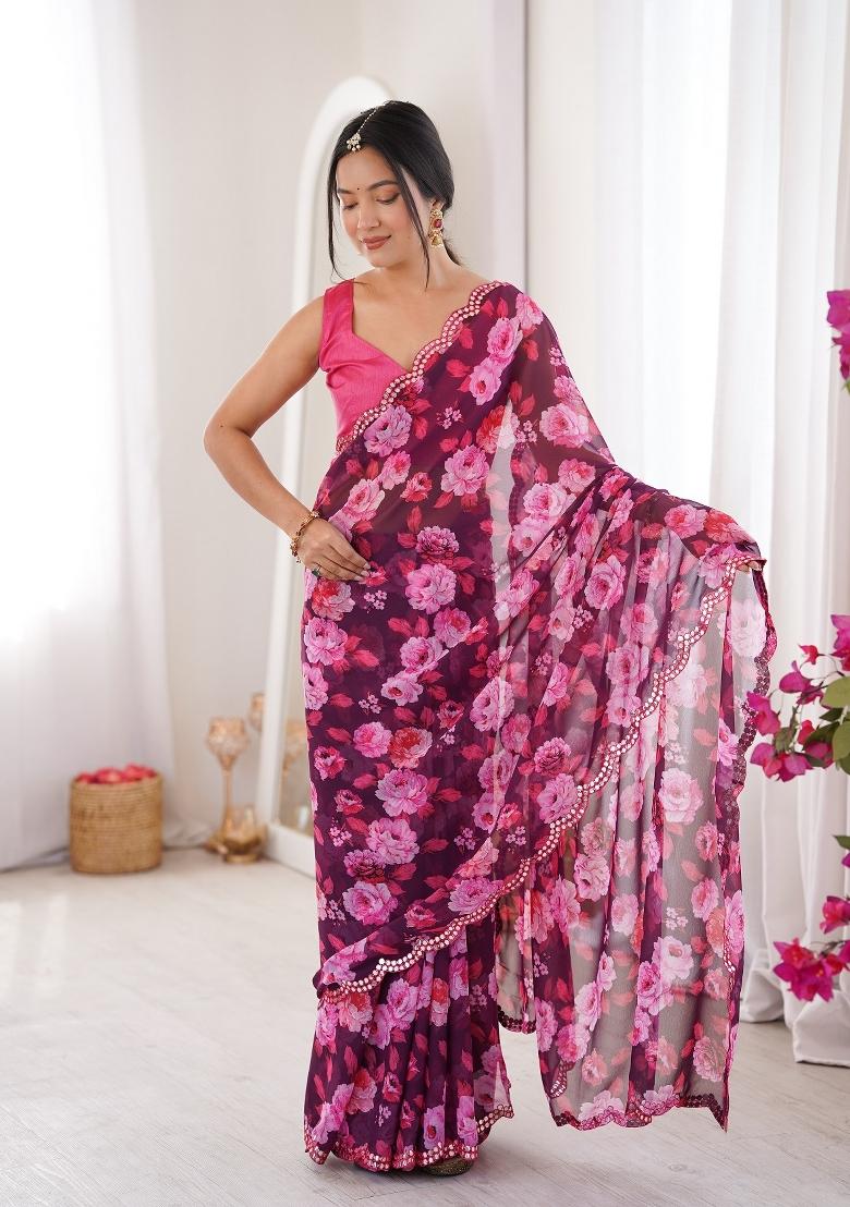 Wine Floral Print Georgette Saree Set - Indya