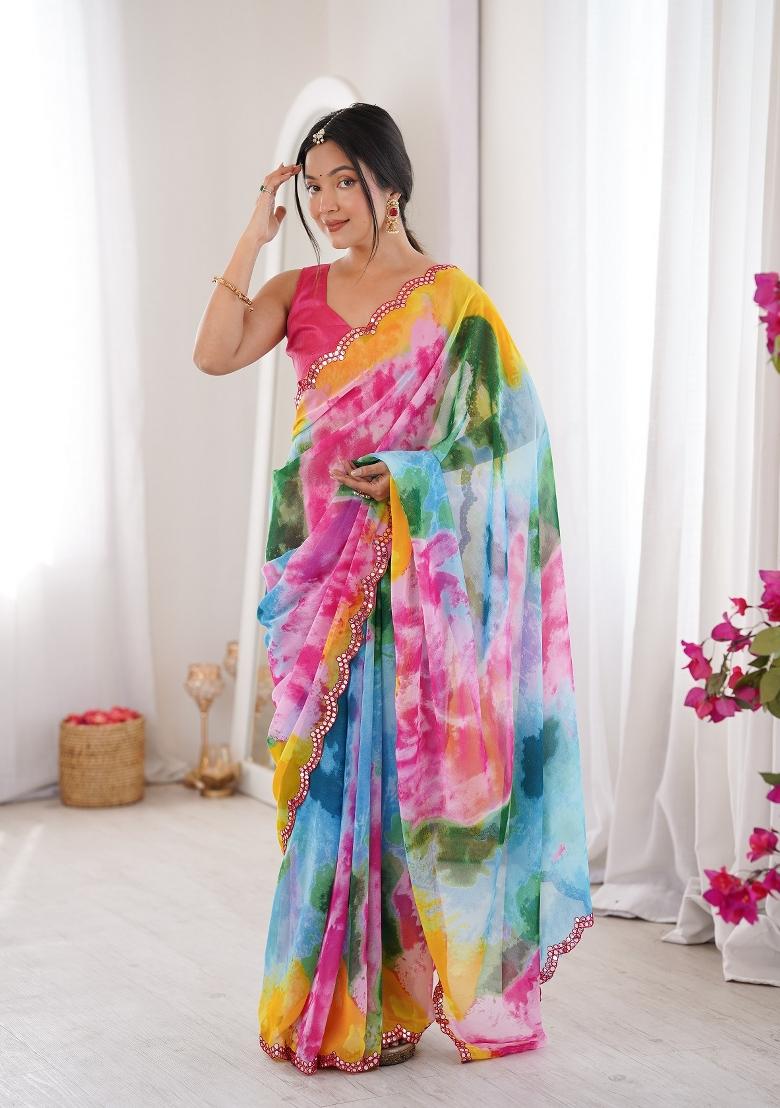 Multicolor Printed Georgette Saree Set - Indya