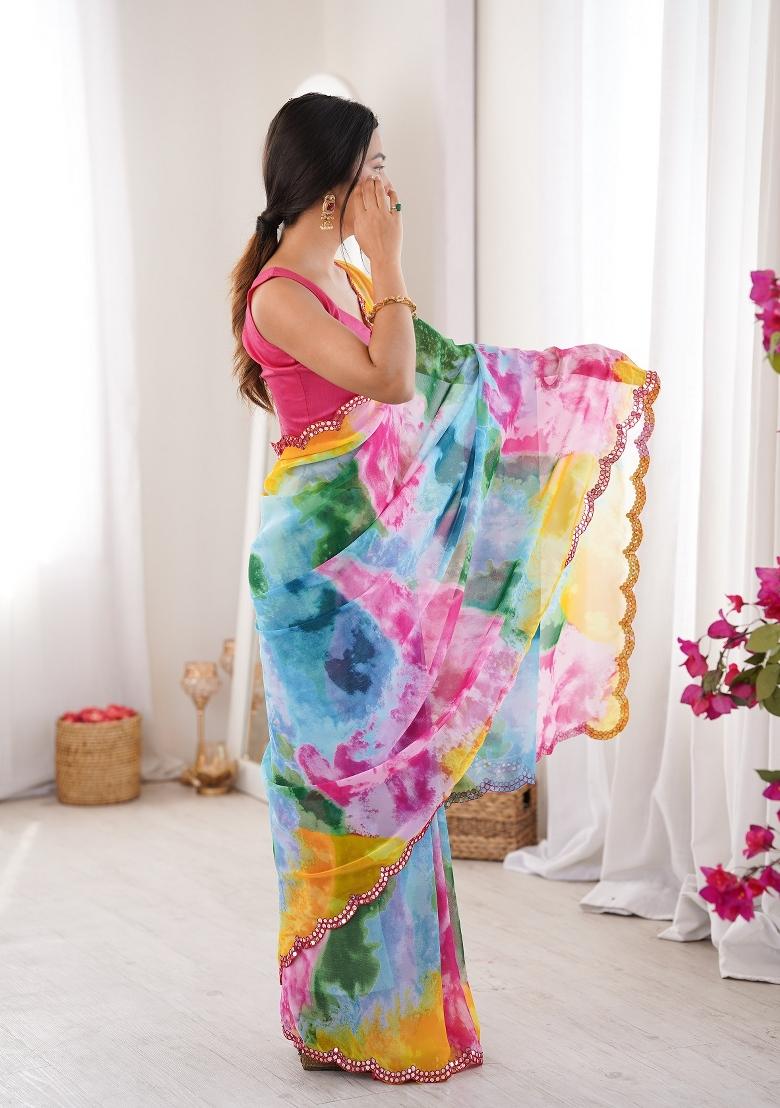 Multicolor Printed Georgette Saree Set - Indya