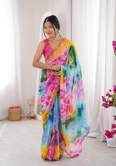 Multicolor Printed Georgette Saree Set