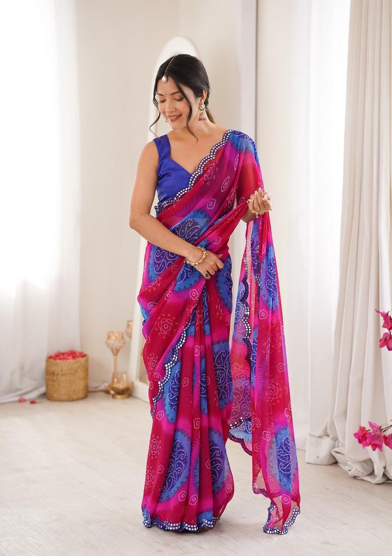 Blue Printed Georgette Saree Set - Indya
