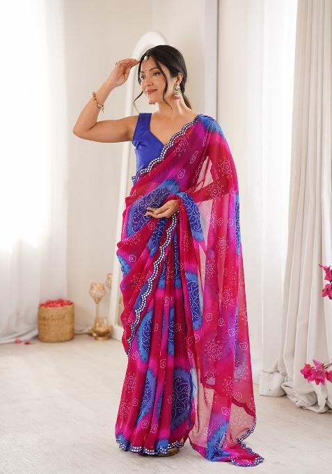 Blue Printed Georgette Saree Set