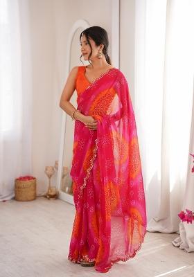 Pink Printed Georgette Saree Set