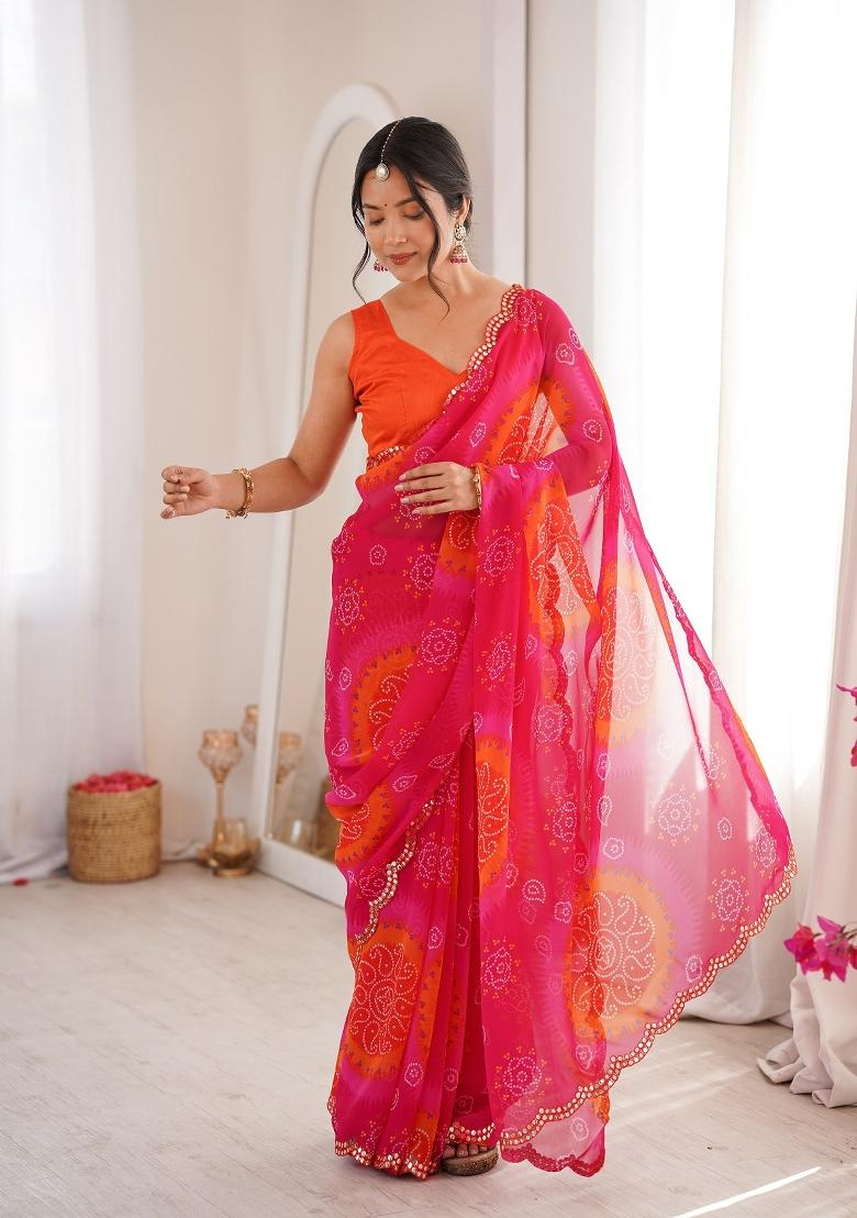 Pink Printed Georgette Saree Set - Indya