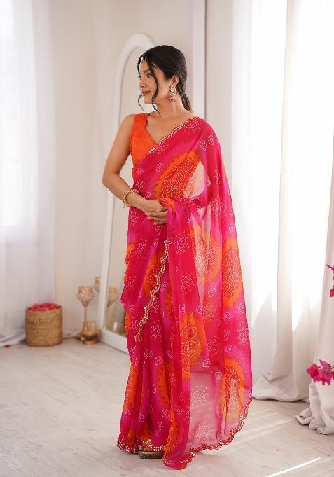 Pink Printed Georgette Saree Set