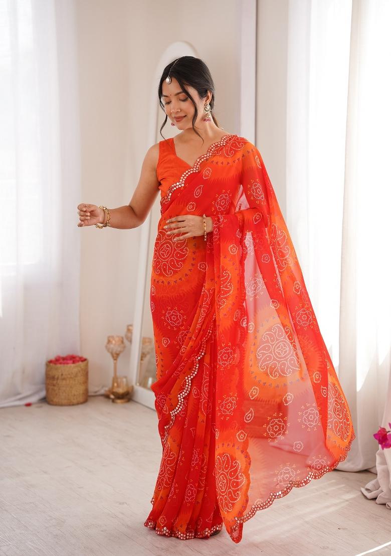 Red Printed Georgette Saree Set - Indya