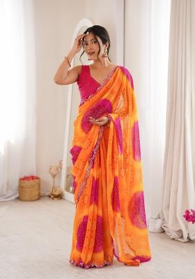 Yellow Printed Georgette Saree Set
