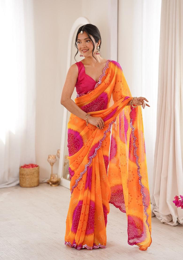 Yellow Printed Georgette Saree Set - Indya