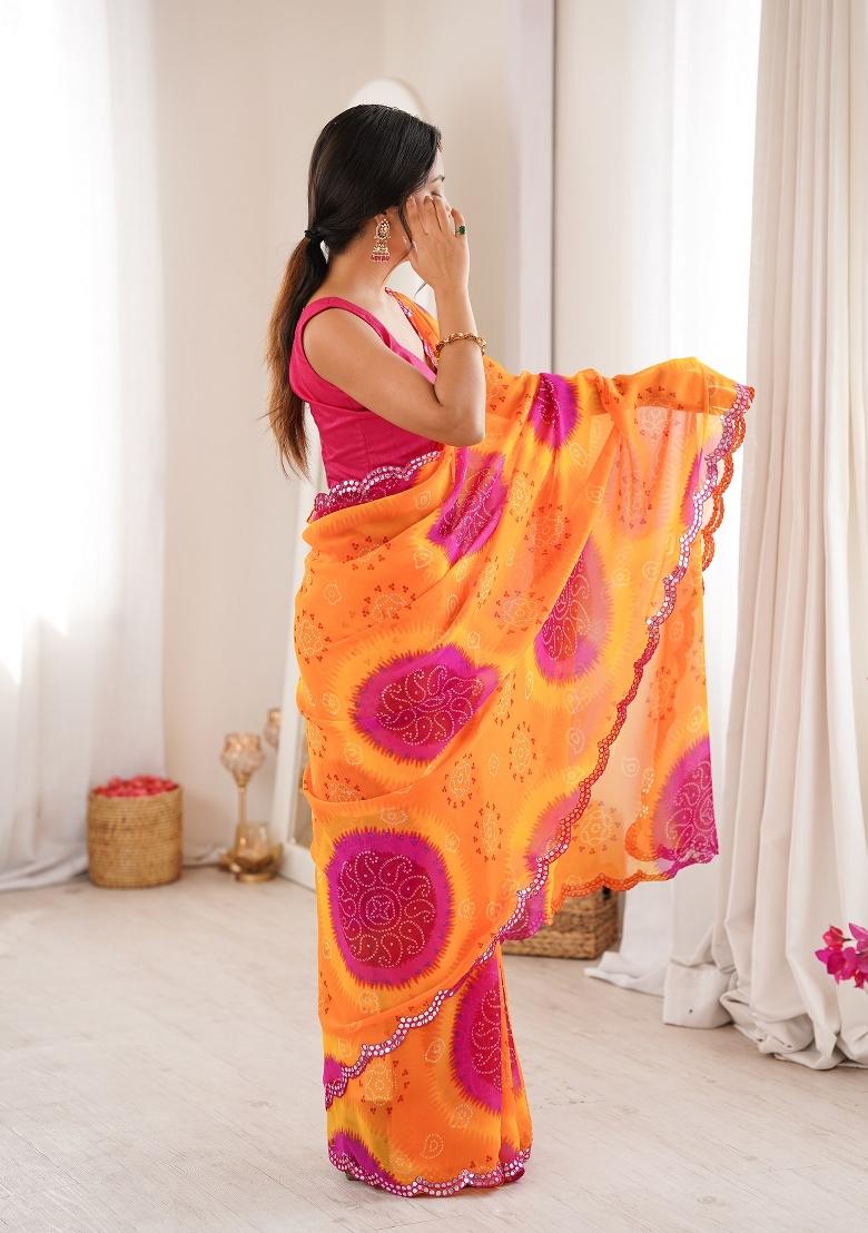 Yellow Printed Georgette Saree Set - Indya