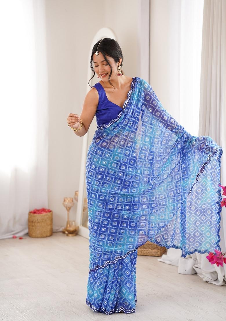Blue Printed Georgette Saree Set - Indya