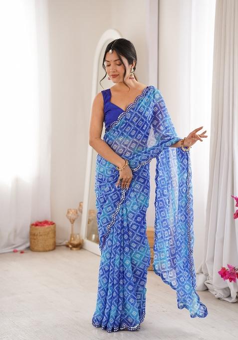 Blue Printed Georgette Saree Set