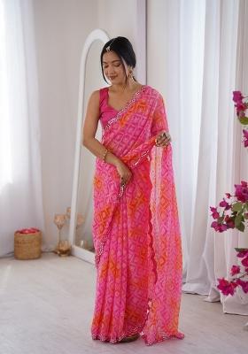 Pink Printed Georgette Saree Set