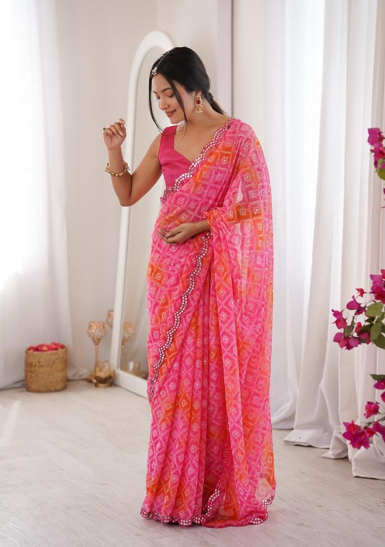 Pink Printed Georgette Saree Set - Indya