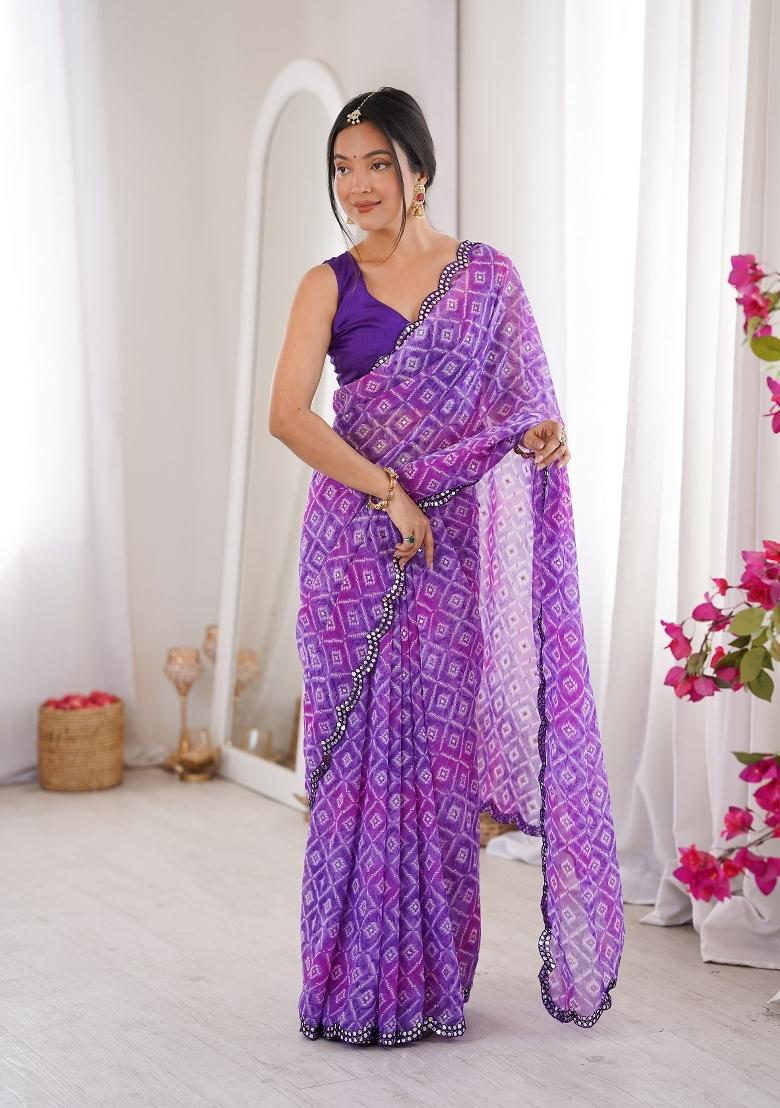 Purple Printed Georgette Saree Set - Indya