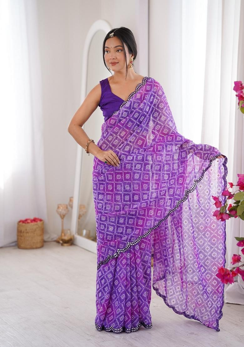 Purple Printed Georgette Saree Set - Indya