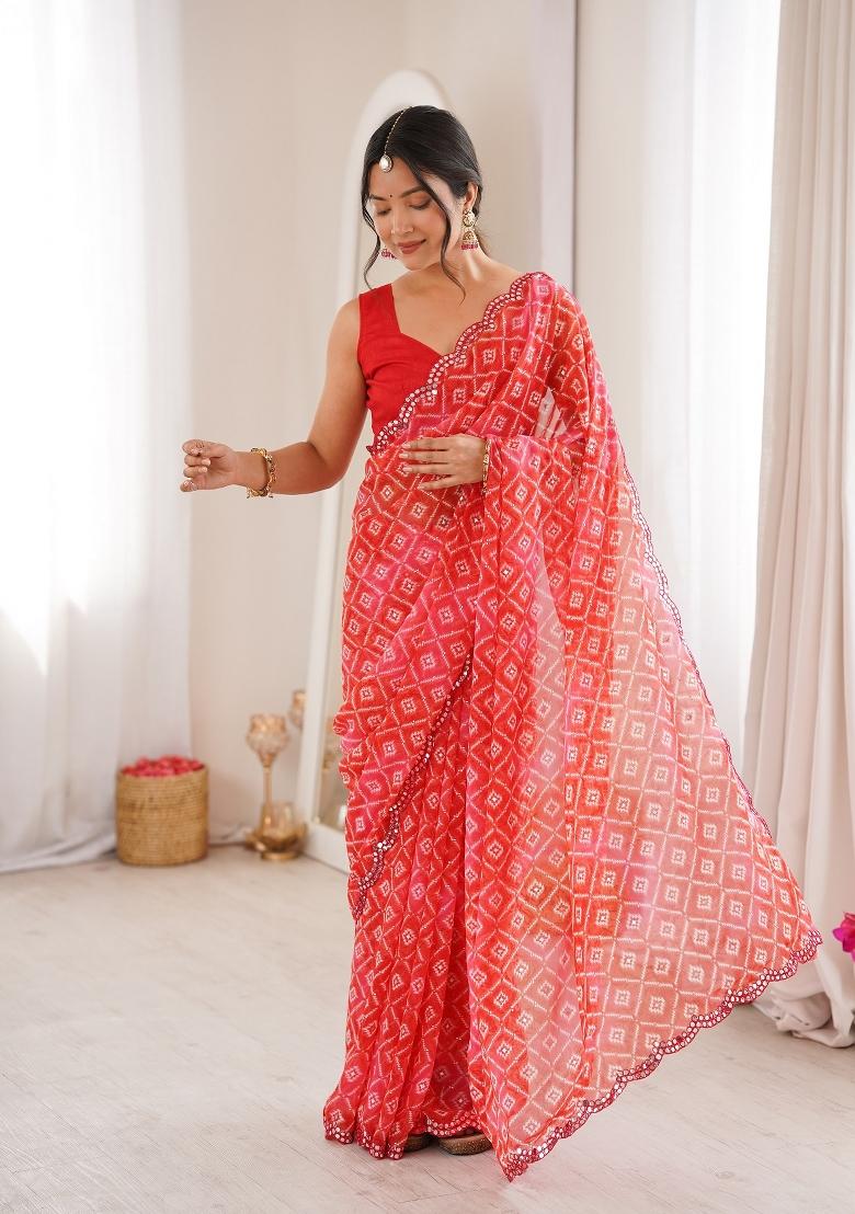 Red Printed Georgette Saree Set - Indya