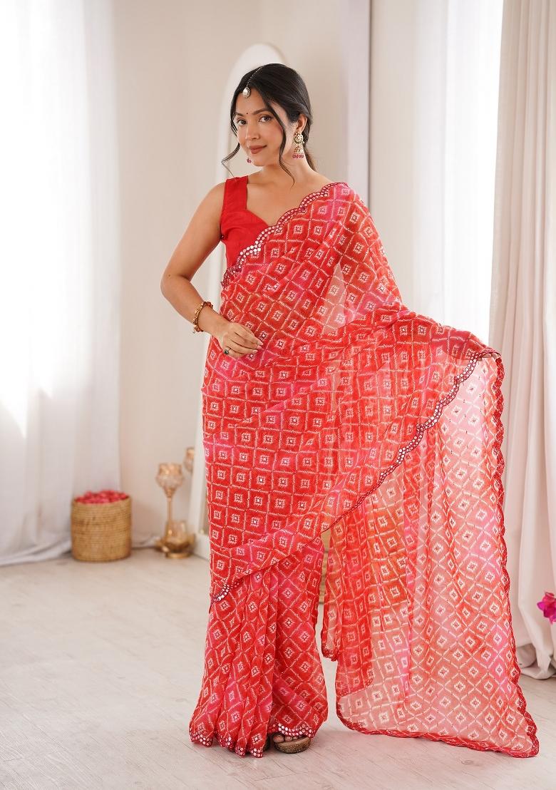 Red Printed Georgette Saree Set - Indya