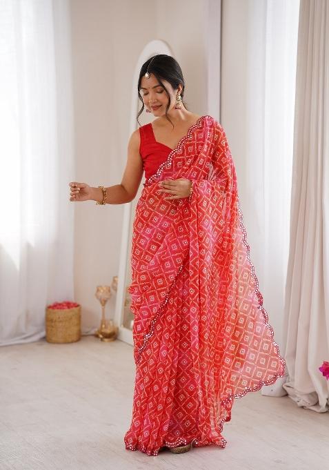 Red Printed Georgette Saree Set