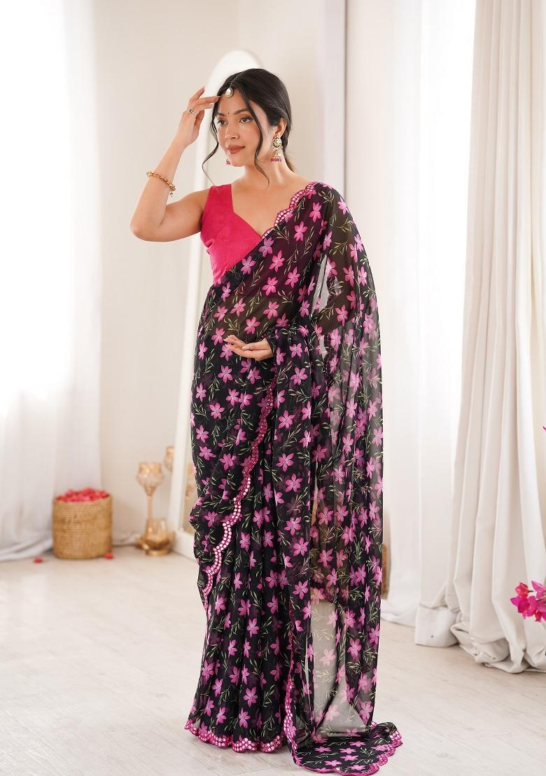 Black Floral Print Georgette Saree Set - Indya