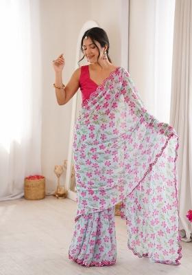 Sky Blue Floral Print Georgette Saree Set