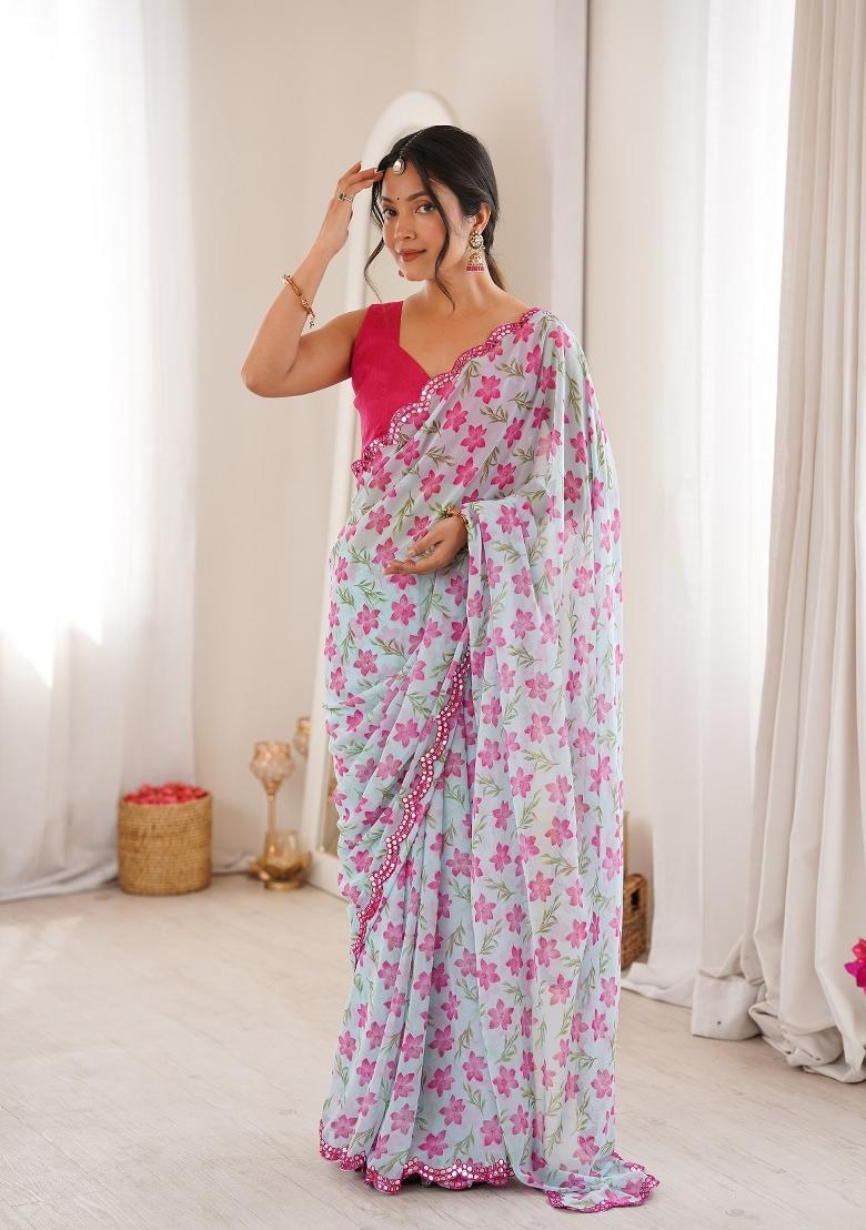 Sky Blue Floral Print Georgette Saree Set - Indya