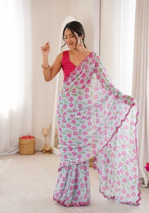 Sky Blue Floral Print Georgette Saree Set