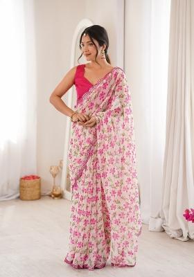 White Floral Print Georgette Saree Set