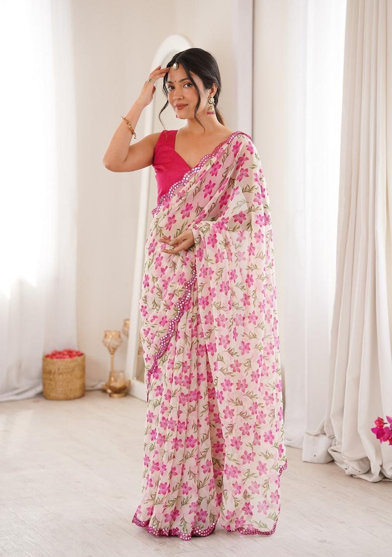 White Floral Print Georgette Saree Set - Indya