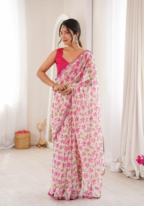 White Floral Print Georgette Saree Set
