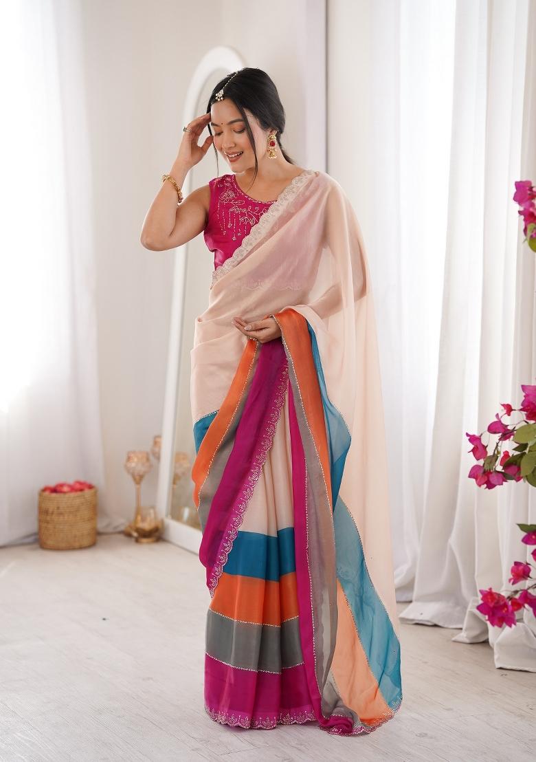 Multicolor Zarkan Diamond Silk Blend Saree Set - Indya