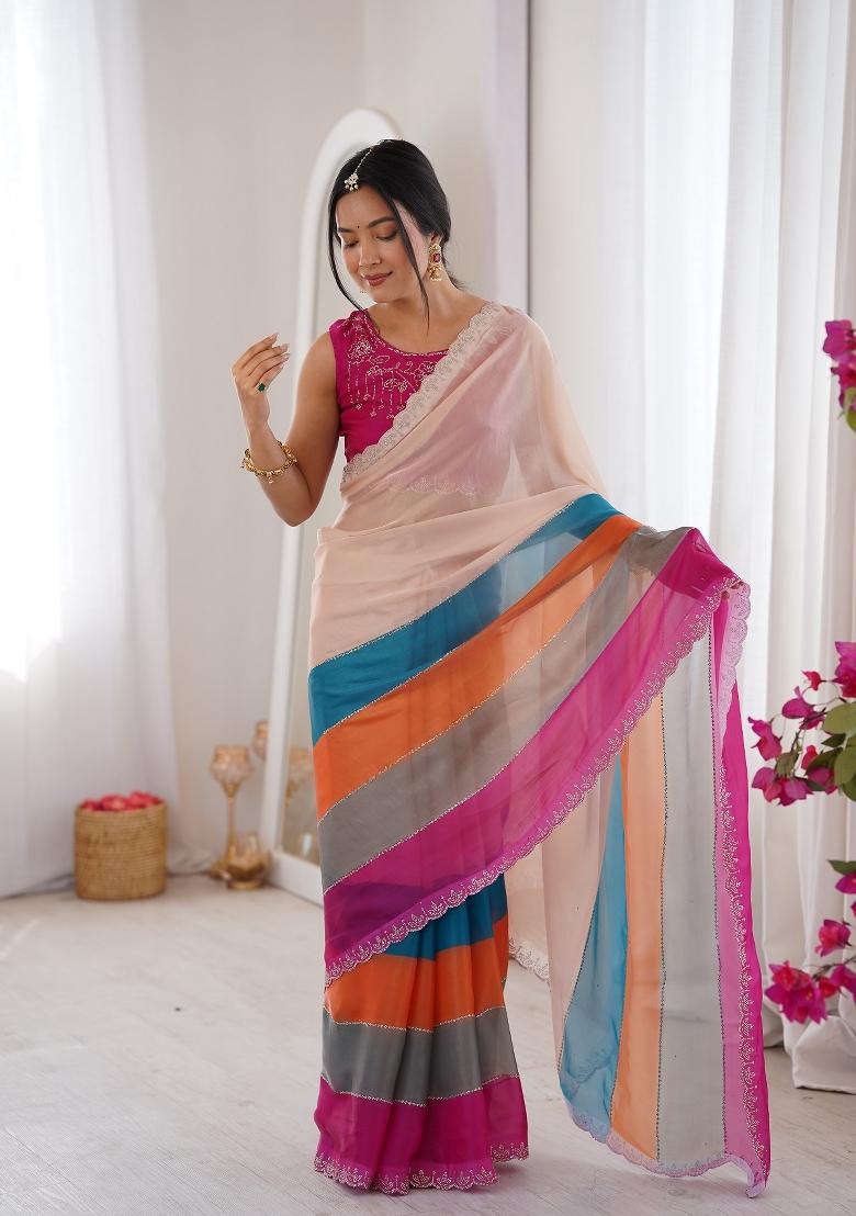 Multicolor Zarkan Diamond Silk Blend Saree Set - Indya