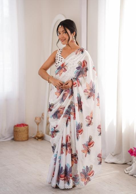 White Printed Chinon Saree Set