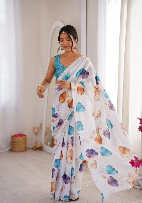 White Printed Chinon Saree Set