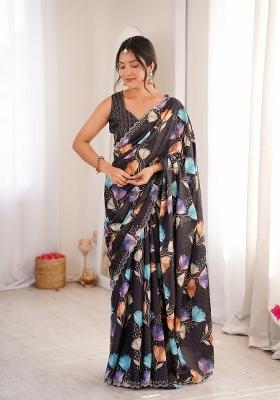 Black Printed Chinon Saree Set