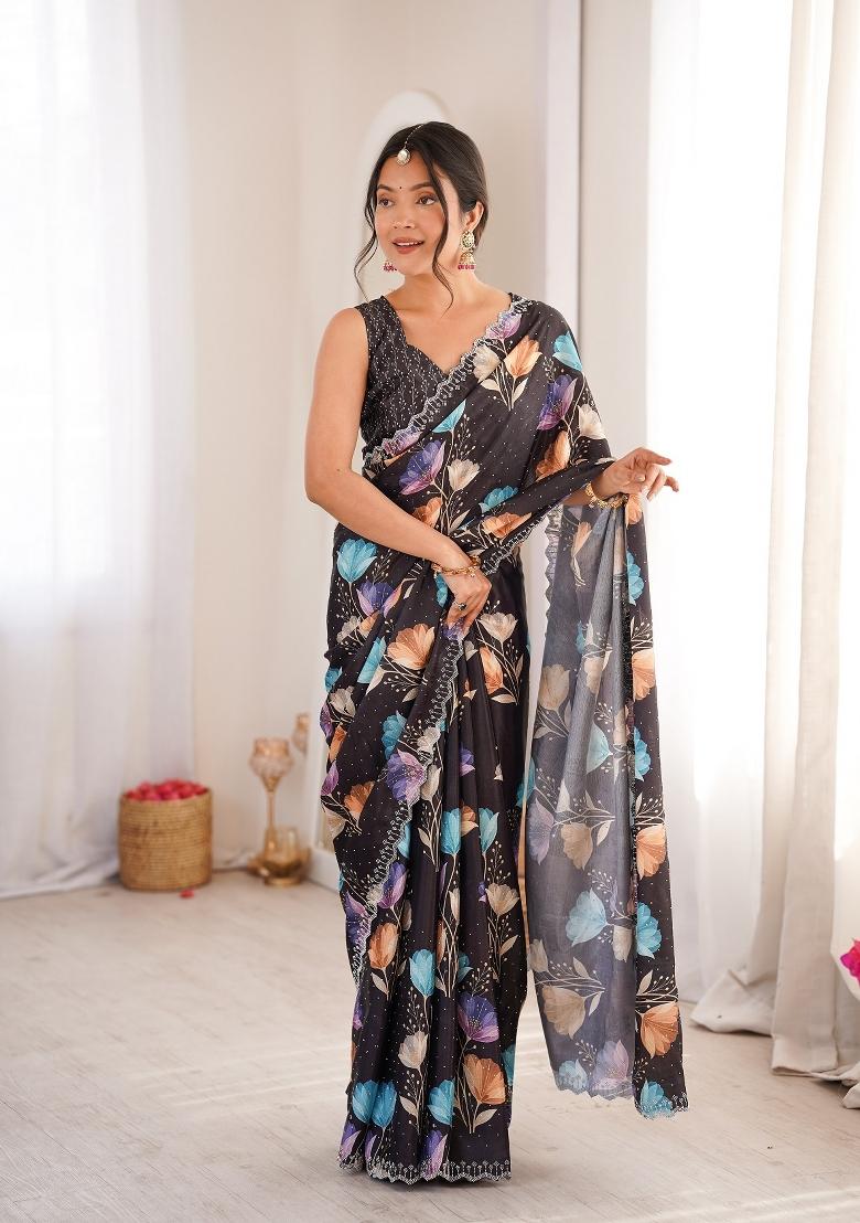 Black Printed Chinon Saree Set - Indya