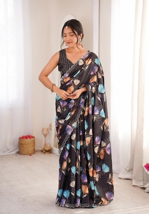 Black Printed Chinon Saree Set