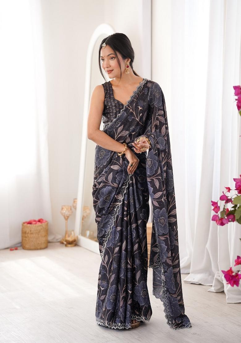 Black Printed Chinon Saree Set - Indya